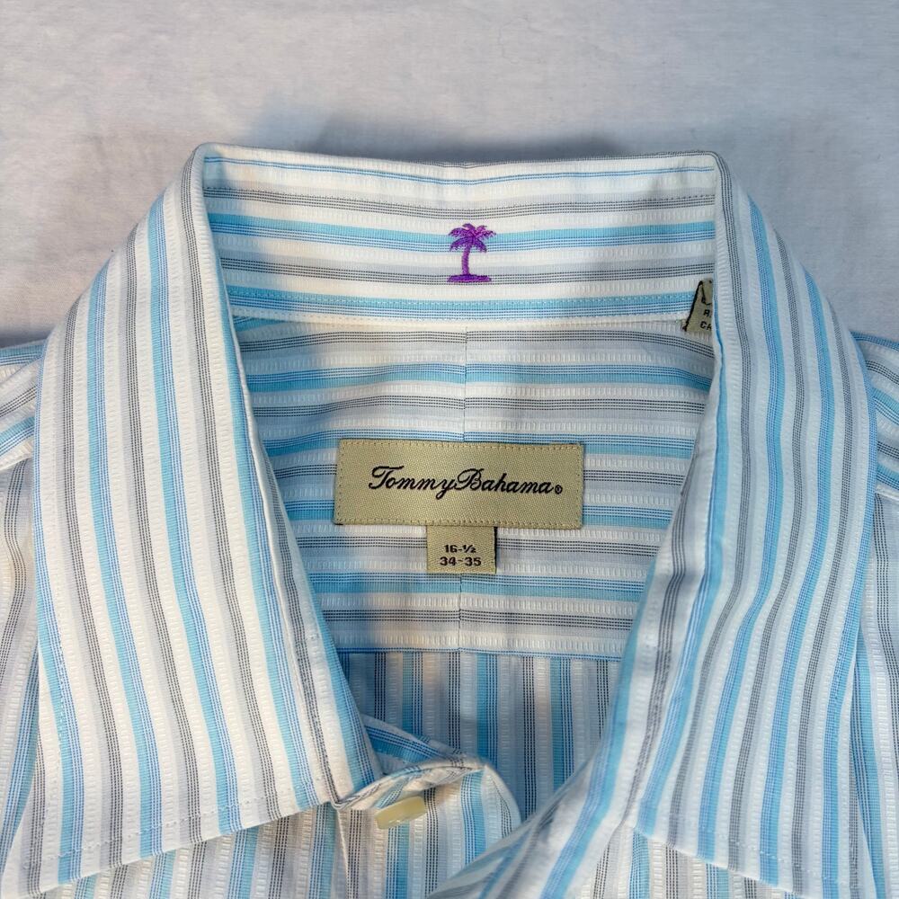 Tommy Bahamas mens blue gray stripe long sleeve button up shirt Size 16.5, 34-35 - Picture 2 of 5